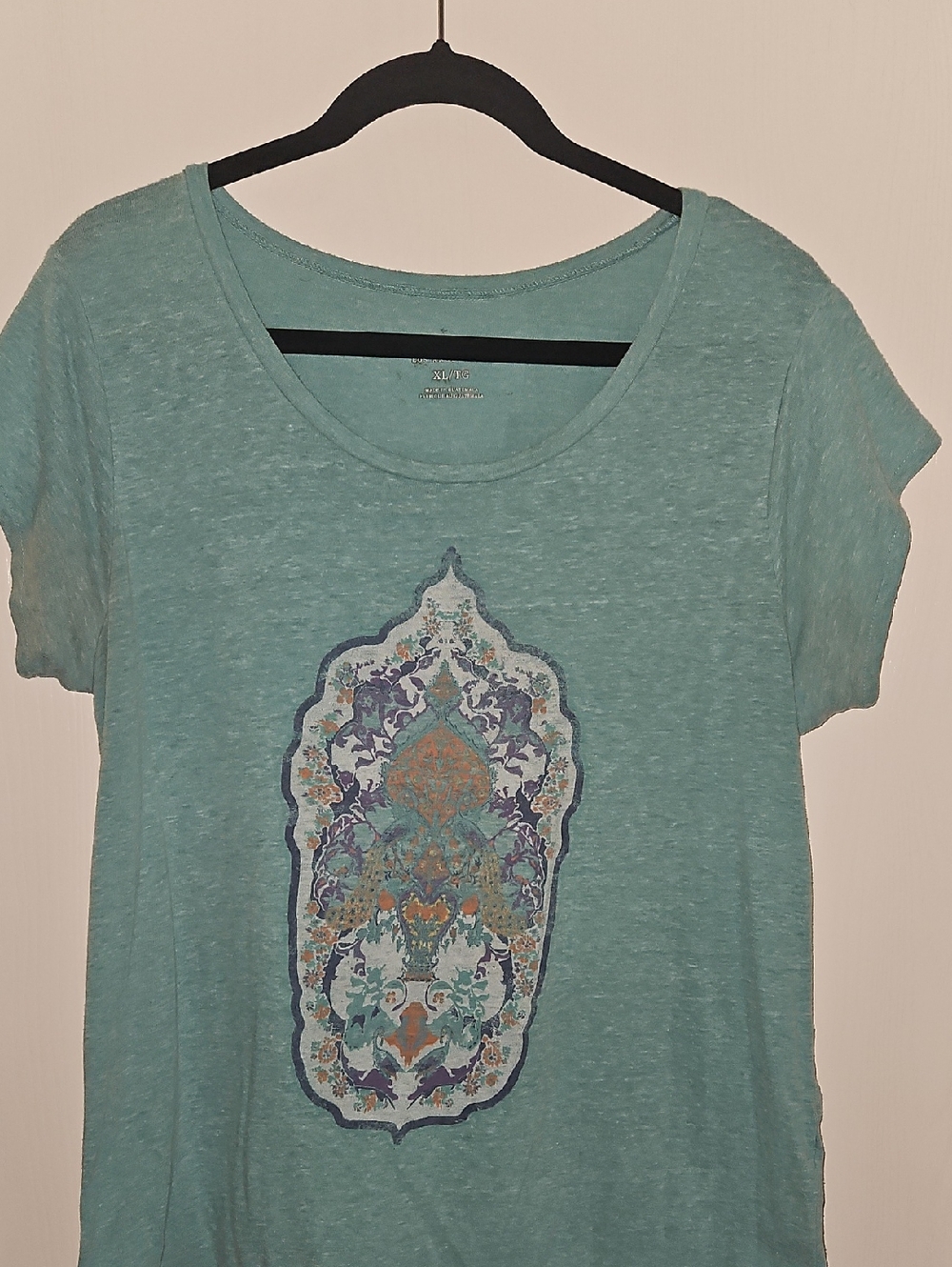 Lucky Brand Teal Scoop Neck Graphic Tee with Multicolor Medallion